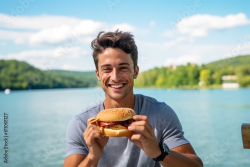 Headshot portrait photography of a grinning boy in his 30s eating burguer against a tranquil lake background. With generative AI technology