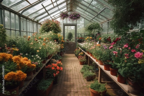 greenhouse filled with lush greenery and vibrant flowers, created with generative ai