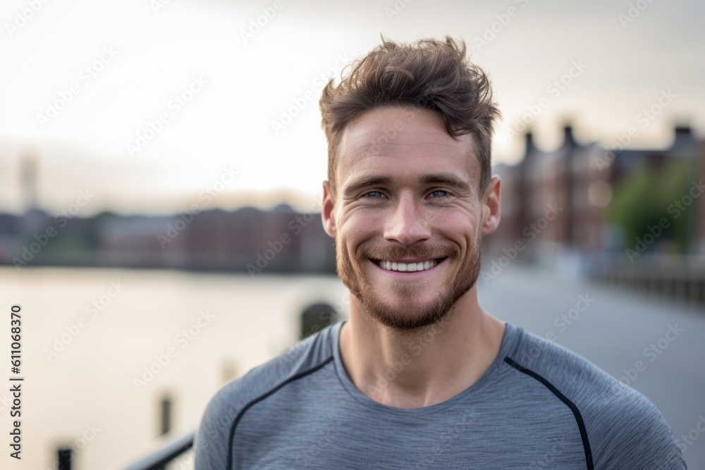 Headshot portrait photography of a grinning boy in his 30s working out against a riverfront background. With generative AI technology
