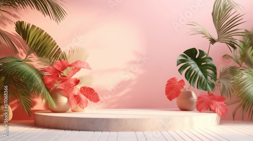 podium with leaves and flowers  summer background  product stand  podiums for products  product stage background