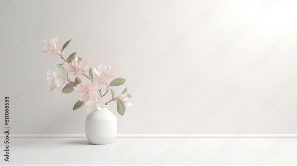 Modern minimalist room interior with white walls and floor, pale pink flowers with green leaves in a vase. Stylish space with designer accessories. Copy space for writing. Created with AI.
