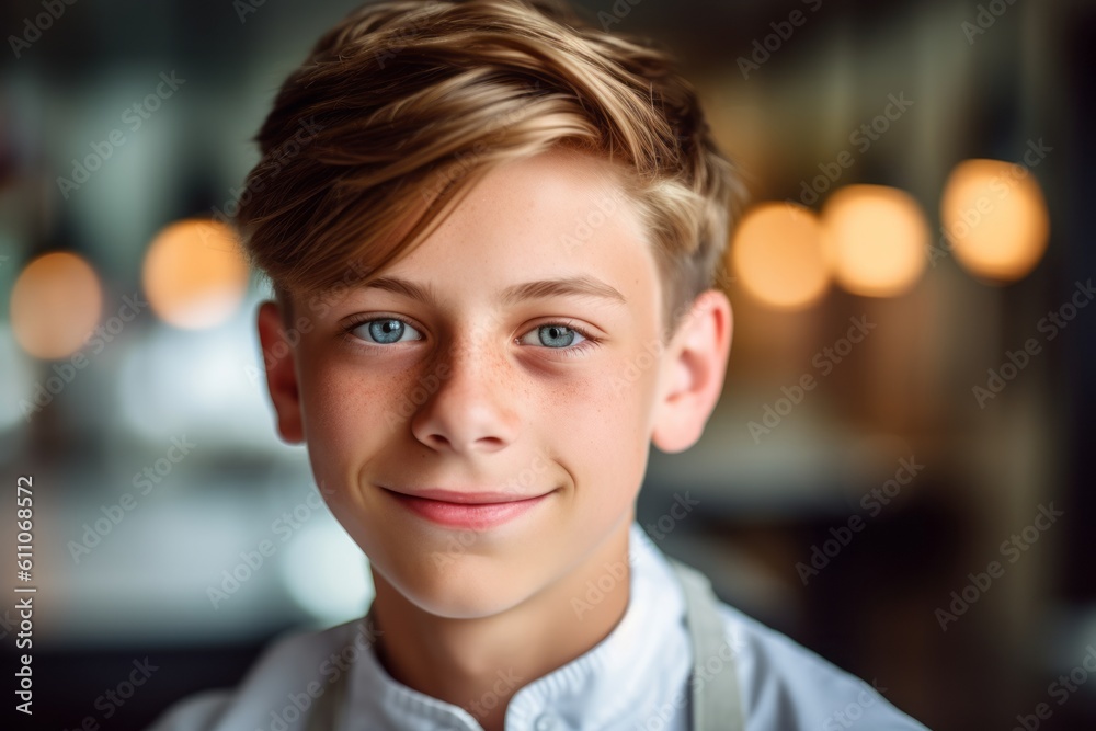 Fototapeta premium Close-up portrait photography of a glad boy in his 30s cooking against a swanky hotel lobby background. With generative AI technology
