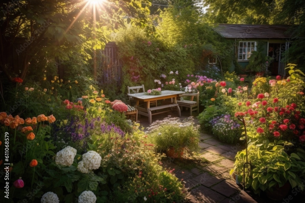 delightful garden setting with the sun shining through colorful blooms and delicate details, created with generative ai