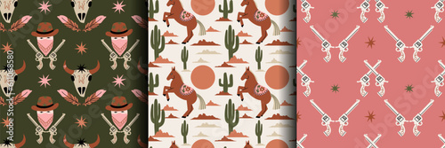 Wild west pattern. Western seamless texture. Rodeo boots and snake. Cowgirl and eagle in desert. Cartoon flat isolated elements. Contemporary print, decor textile, wrapping paper, wallpaper, vector
