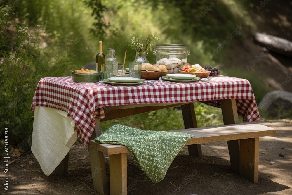 a picnic table with a checkered cloth and place settings for two, created with generative ai
