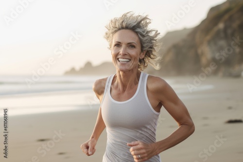 Environmental portrait photography of a joyful mature woman running against a serene beach background. With generative AI technology