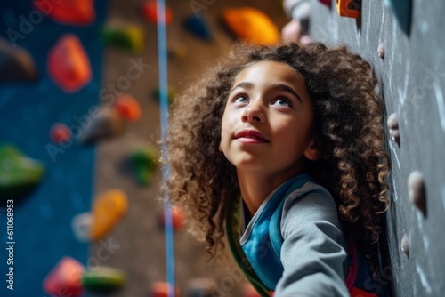 Close-up portrait photography of a satisfied kid female practicing rock climbing against a modern art gallery background. With generative AI technology