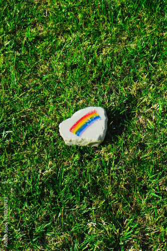 rock with a rainbow flag on the grass
