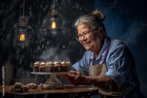 Headshot portrait photography of a satisfied mature woman making a cake against a dramatic thunderstorm background. With generative AI technology