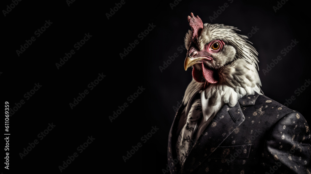 Portrait of a chicken wearing a suit isolated on black, Generative AI