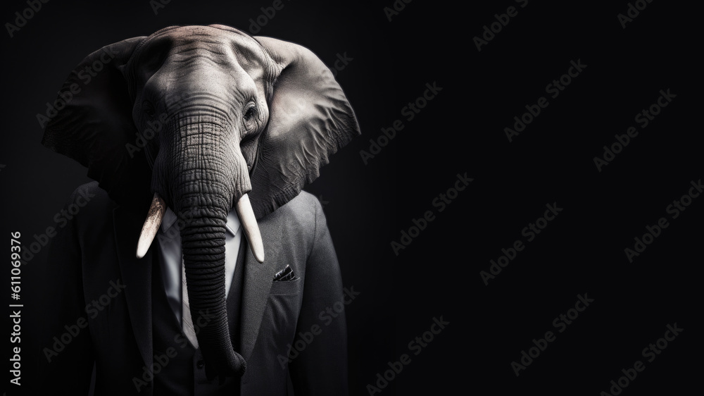 Elephant wearing a suit, black background, Generative AI