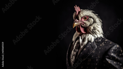 Portrait of a chicken wearing a suit isolated on black, Generative AI photo