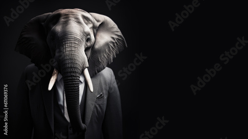 Elephant wearing a suit, black background, Generative AI © d-AI-n