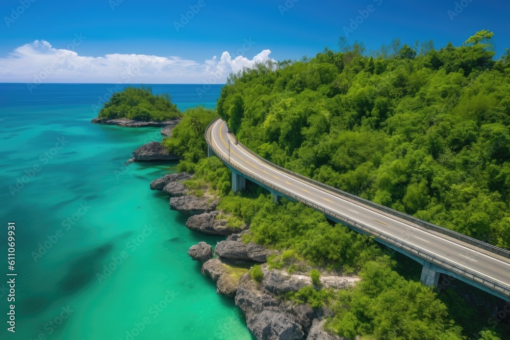 scenic highway, surrounded by lush greenery and crystal clear waters, created with generative ai