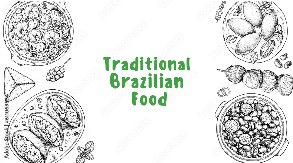 Brazilian food top view vector illustration. Food menu design template. Hand drawn sketch. Brazilian food menu. Moqueca, Acaraje, Brazilian kibe, Churrasco, Feijoada, Esfiha