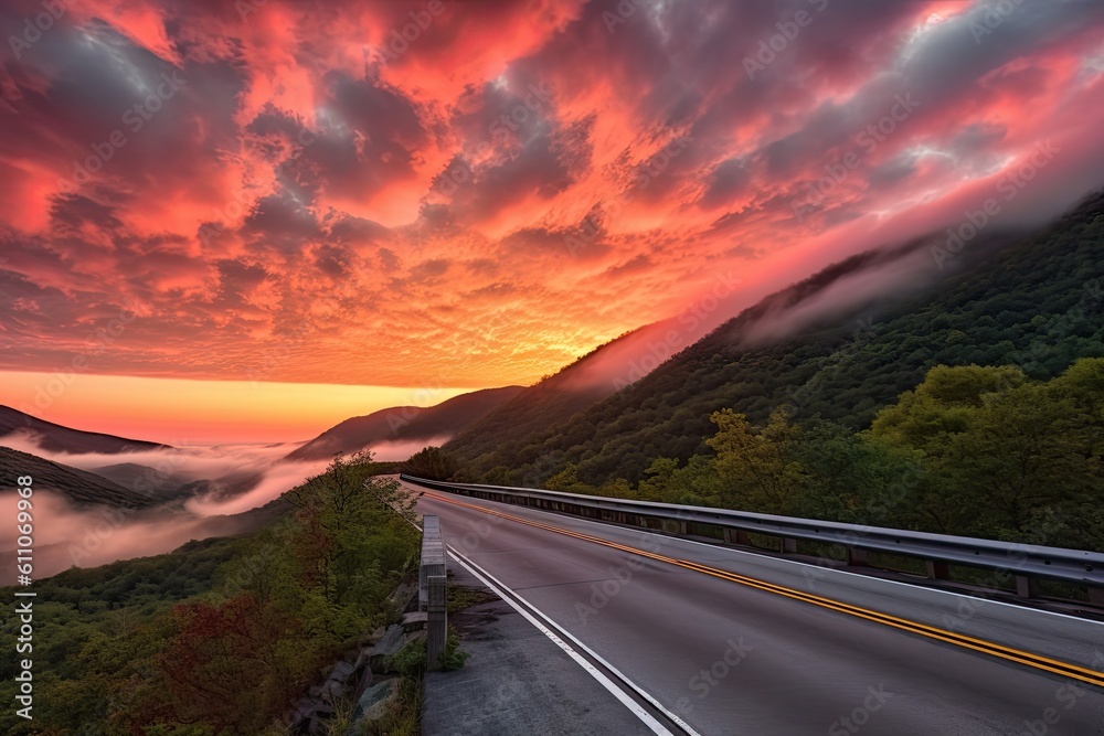 scenic highway with view of sunrise over mountains, clouds streaking the sky, created with generative ai