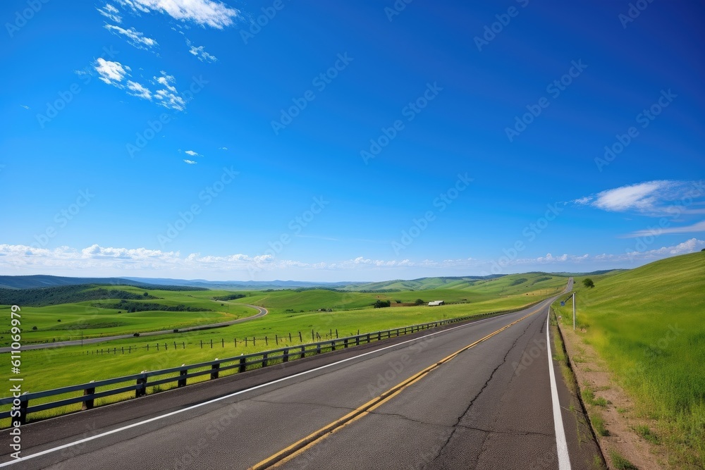 Fototapeta premium scenic highway with view of rolling hills, farmland, and blue skies, created with generative ai