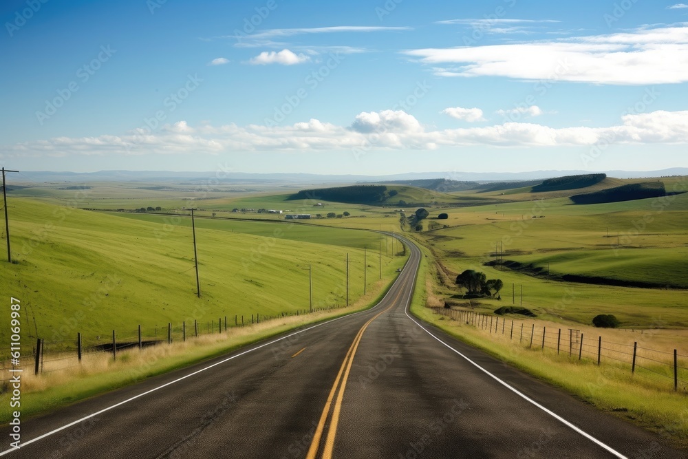 scenic highway, with view of rolling hills and farmland, created with generative ai