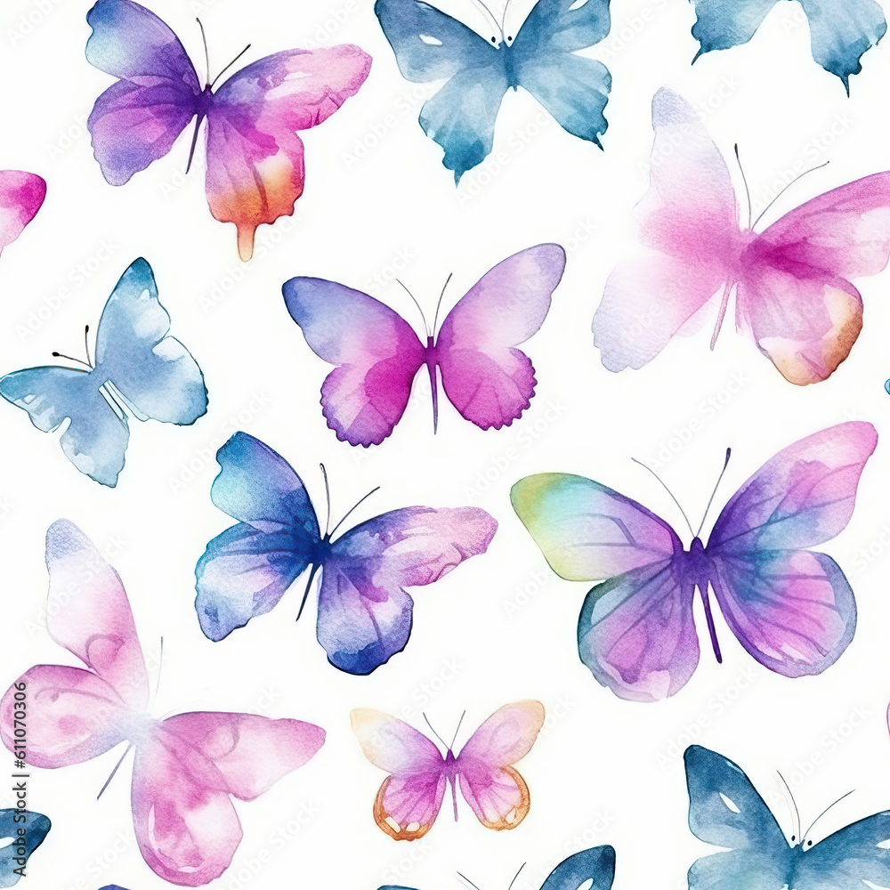 Fototapeta premium Butterfly watercolor seamless repeat pattern on white 