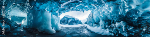 Captivating ice cave with striking, vivid blue natural formations, bathed in soft light filtering through the frozen surface - a powerful emotional experience. Generative AI