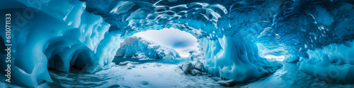 Enchanting ice cave with vivid natural blue formations, gently lit by filtered light through frozen surface – a captivating scene invoking deep emotions. Generative AI