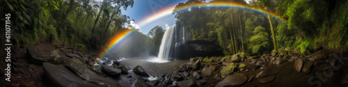 Stunning ethereal rainbow casting its mesmerizing glow on a cascading waterfall and lush forest  evoking emotions of wonder  beauty  and nature s serenity in one magical image. Generative AI