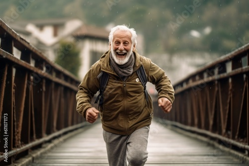 Medium shot portrait photography of a joyful old man running against a rustic bridge background. With generative AI technology