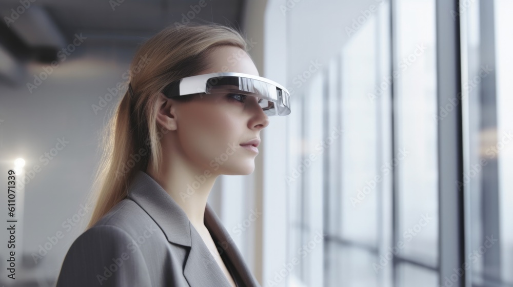 Young businesswoman using AR Augmented Reality glasses headset in the office - Generative AI illustration Young businesswoman using AR Augmented Reality glasses headset in the office - Generative AI illustration