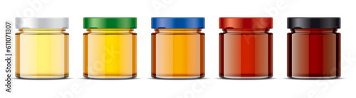 A set of glass jars for honey with colorful cups