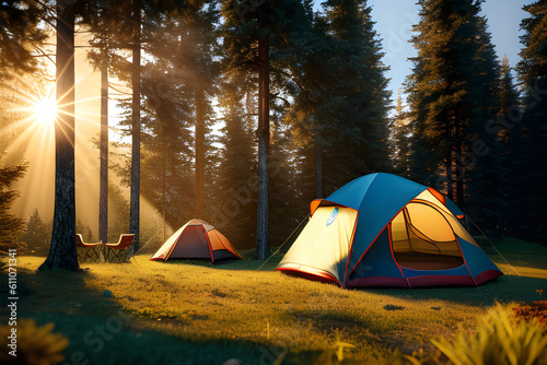 Camping and tent in a beautiful pine forest with wonderful sunlight in the morning. A halt in the woods. Camping in nature with tents. generative AI