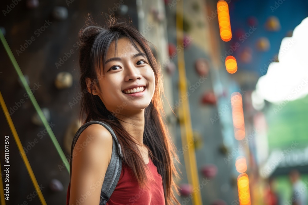 Headshot portrait photography of a glad girl in her 30s practicing rock climbing against a traditional asian temple background. With generative AI technology