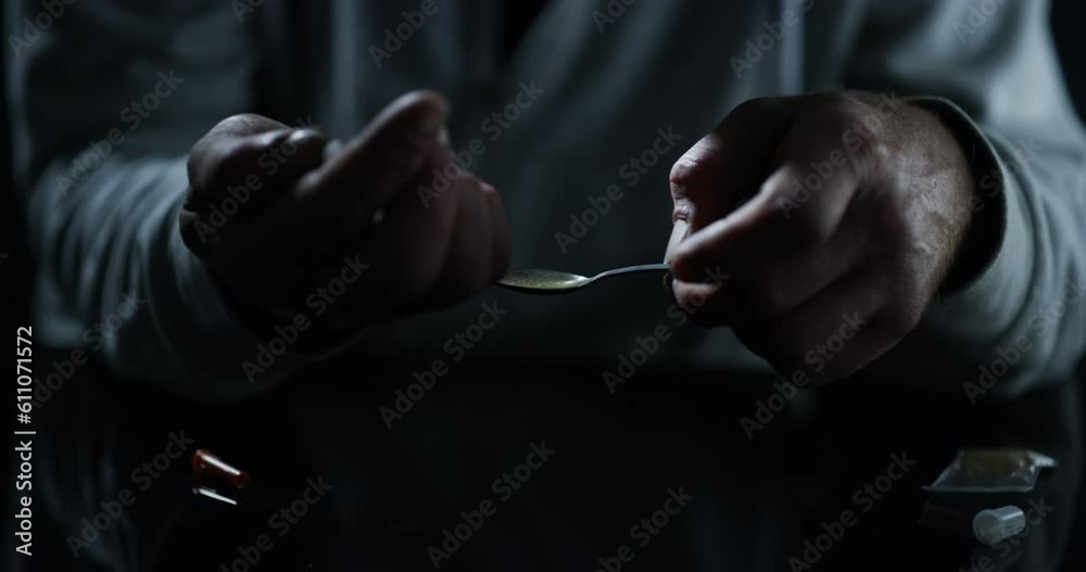 Drugs, hands and syringe, lighter and spoon in studio isolated on a black background. Drug addiction, teaspoon and man with fire, person and junkie cooking dose of heroin, crack or cocaine for crime