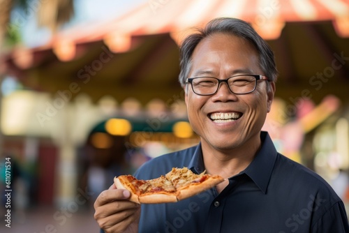 Headshot portrait photography of a grinning mature man eating a piece of pizza against a traditional asian temple background. With generative AI technology