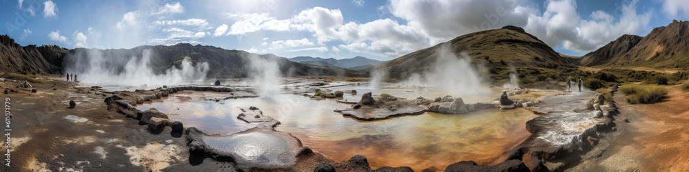Spectacular geothermal area, boasting vibrant mineral deposits and boiling hot springs - a captivating display of nature's wonders, evoking awe and inspiration. Generative AI