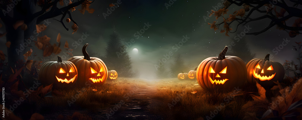 Halloween pumpkins glowing in the night - Generative AI Halloween pumpkins glowing in the night - Generative AI