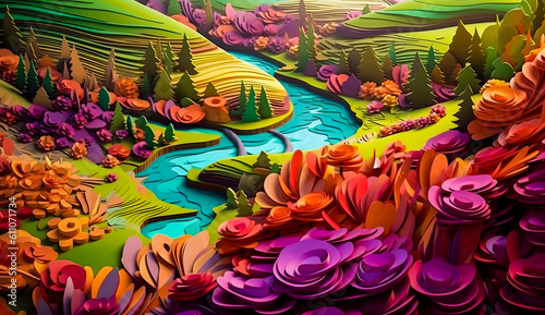 paper landscape art in style of vibrant colors, generative ai