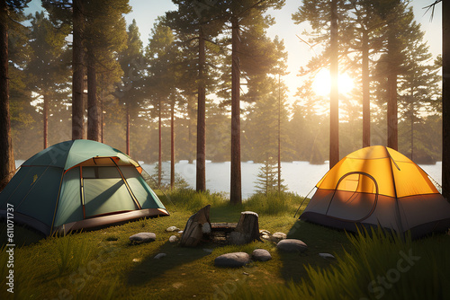 Camping and tent in a beautiful pine forest with wonderful sunlight in the morning. A halt in the woods. Camping in nature with tents. generative AI