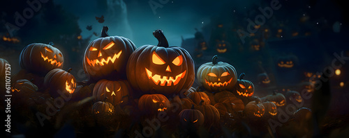 Halloween pumpkins glowing in the night - Generative AI