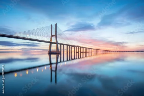 Obraz Vasco da Gama bridge in Lisbon by sunrise, Portugal. The Vasco da Gama Bridge is a landmark, and one of the longest bridges in the world. Urban landscape. Portugal is an amazing tourist destination