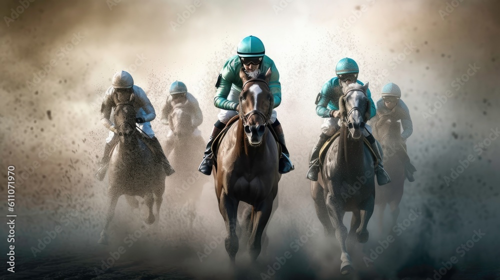Fototapeta premium Equestrian Sport of Horse Racing with Jockeys generated by AI