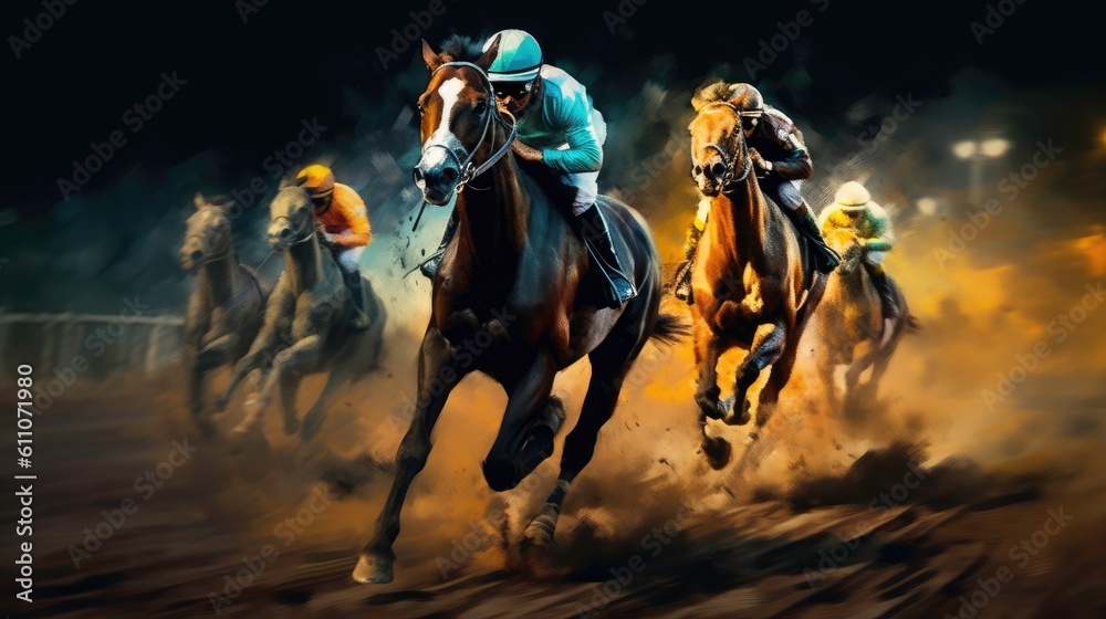 Fototapeta premium Equestrian Sport of Horse Racing with Jockeys generated by AI