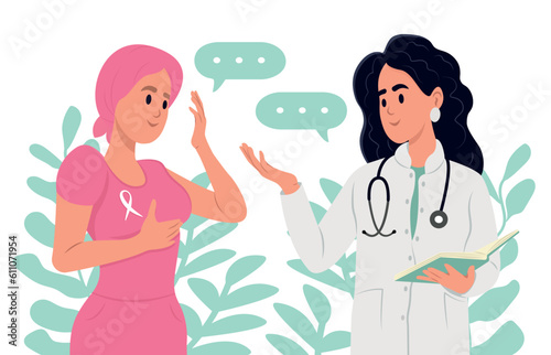 Breast Cancer Awareness Month. Young smiling female doctor talking to cancer patient woman in headscarf .Cancer Survivors Day.