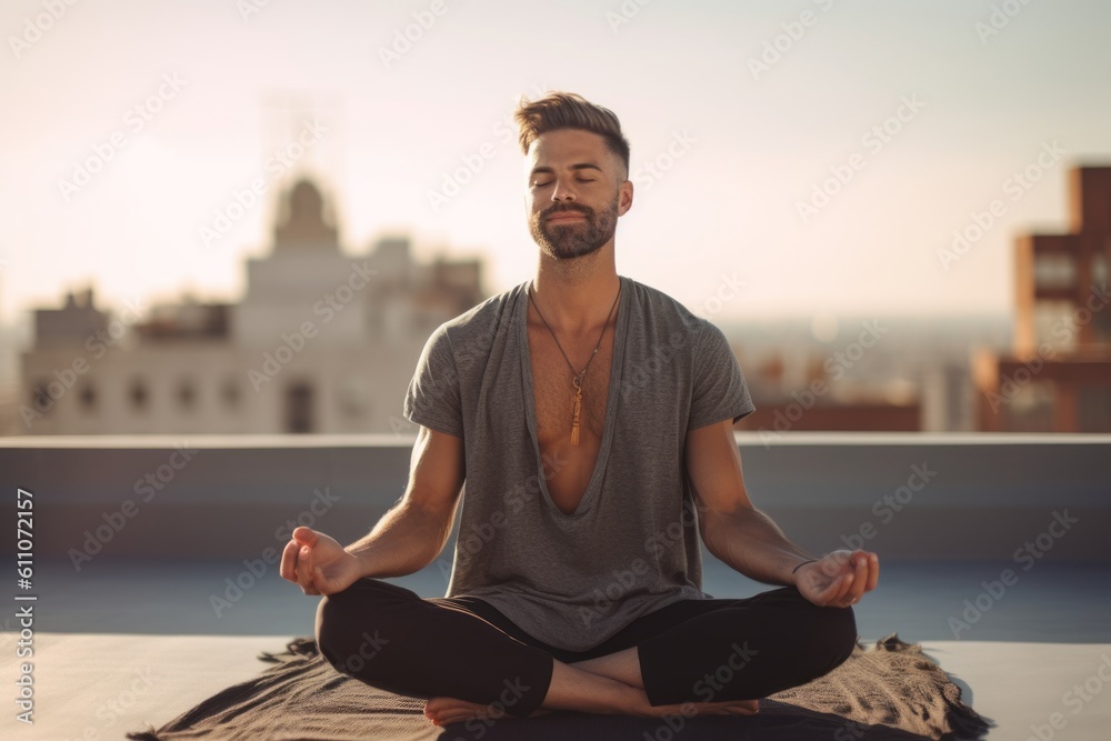 Φωτογραφία Medium shot portrait photography of a glad boy in his 30s meditating against a rooftop terrace background