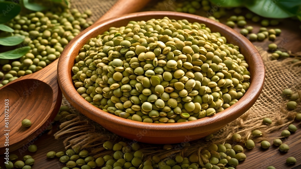 Obraz premium Green lentils in a bowl on a wooden table. Raw lentil seeds in a wood container. Rich in nutrients and valuable for health. Clean and healthy eating concept.