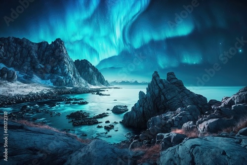 Beautiful northern lights. Blue sky of Aurora over rocky landscape. AI generated © Olha