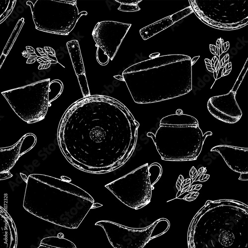 Kitchenware seamless pattern. Menu design background. Hand drawn sketch. Stewpot, stewpan, cup, frying pan, creamer, ladle, sugar bowl