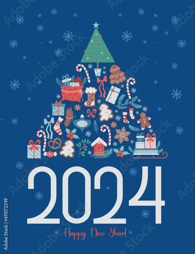 Wallpaper Mural 2024 Happy New Year Greeting card. Christmas tree from traditional festive decor on blue background with snowflakes. Vector illustration. Modern vertical poster template Torontodigital.ca