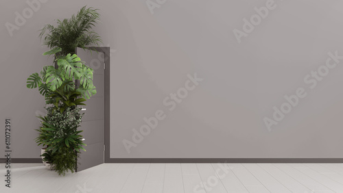 Houseplants floating through open door in home interior with gray walls and parquet. Template with copy space. love for plants. Biophilia concept