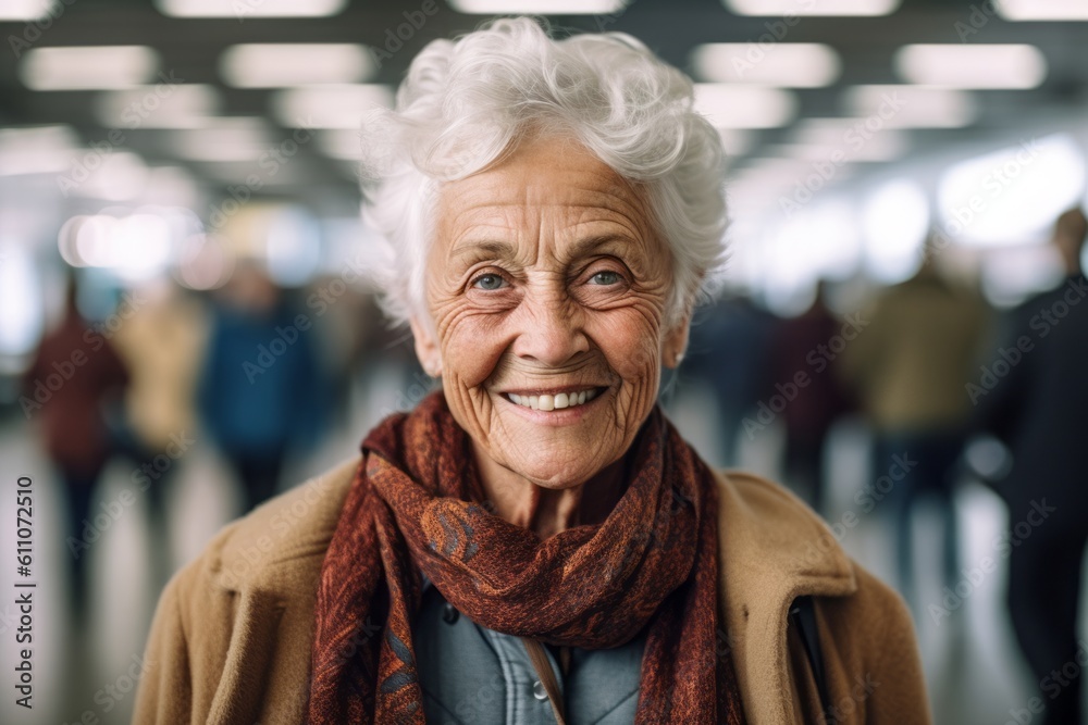 Close-up portrait photography of a joyful old woman walking against a busy airport terminal background. With generative AI technology Close-up portrait photography of a joyful old woman walking against a busy airport terminal background. With generative AI technology