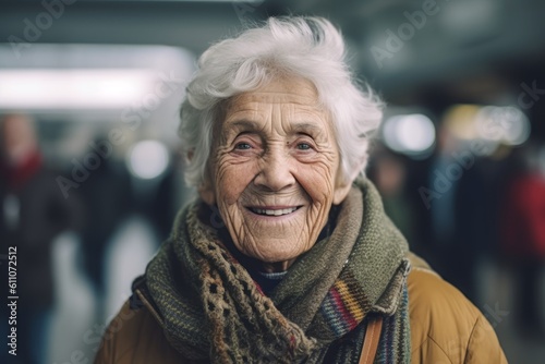 Close-up portrait photography of a joyful old woman walking against a busy airport terminal background. With generative AI technology